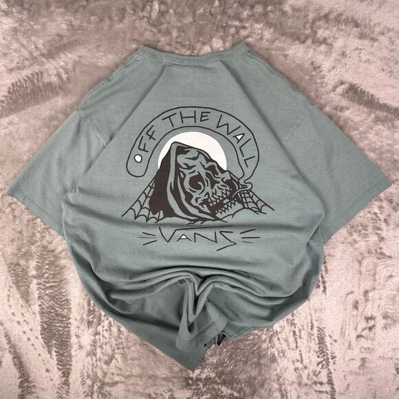 Vans Off the Wall Dusty Teal Skull with Cobwebs Double-sided Graphic T-shirt M - Picture 2 of 6